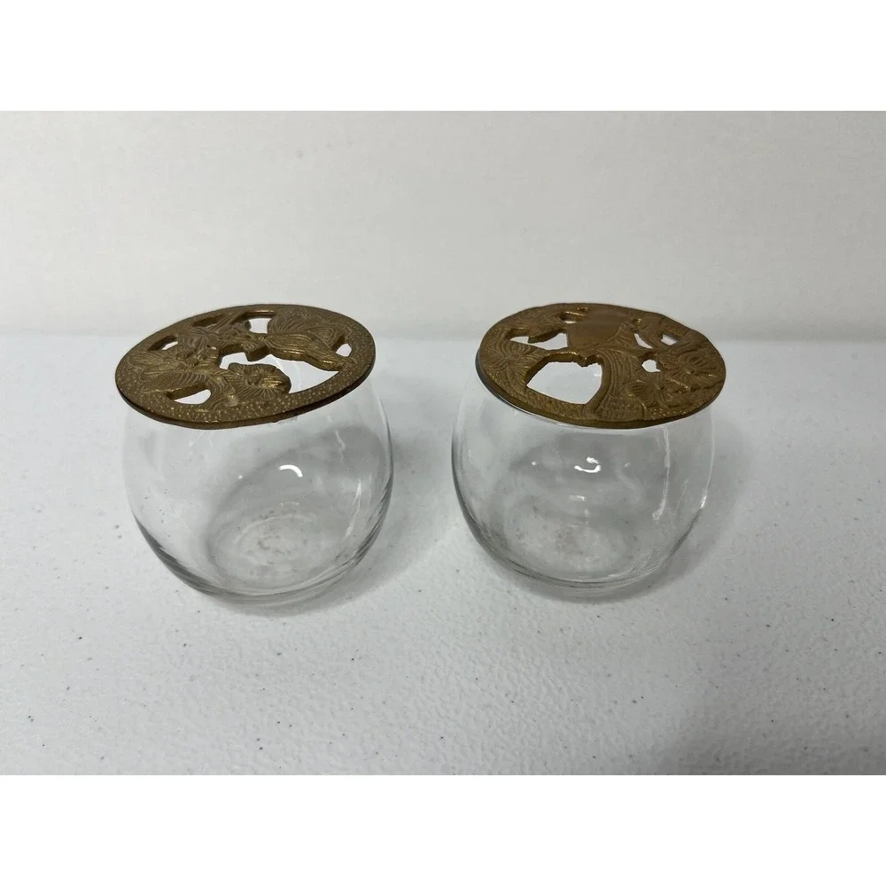 Vintage Small Potpourri Glass Jar with Cast Brass Lid Floral‎ Bird Lot Of 2
